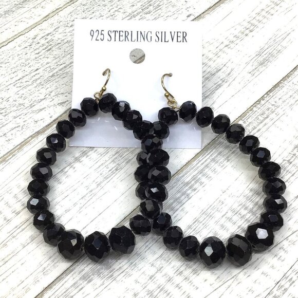 Beaded Hoop Earrings Black Beads 925 Silver Hooks - Picture 2 of 3